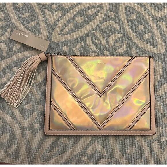 Mark Fran Faux Leather Clutch Bag Pink Iridescent Chevron Zip Tassel Bag Purse - Picture 5 of 16